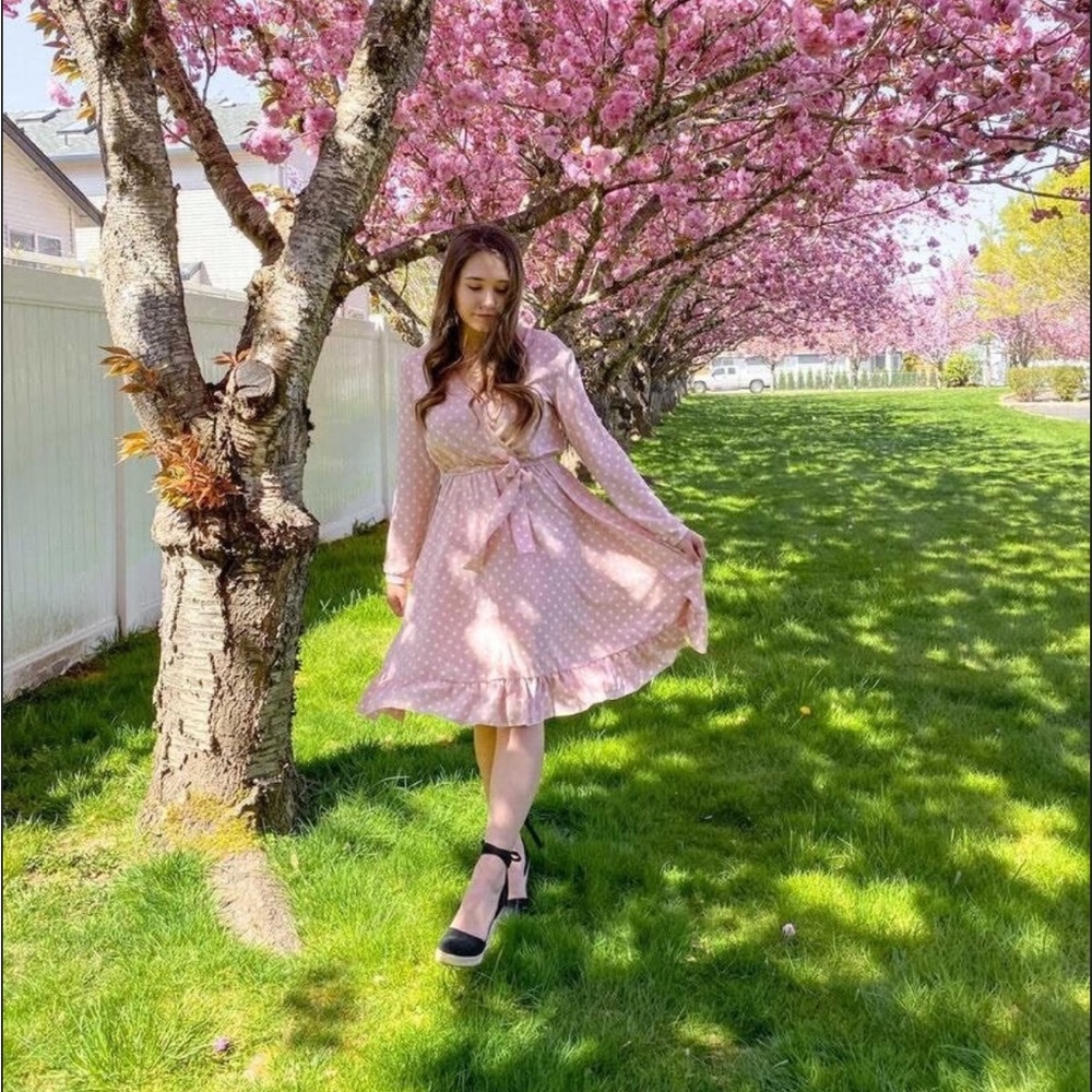 Polka Dot Vintage Pink and White MIDI Women’s Dress with Belt